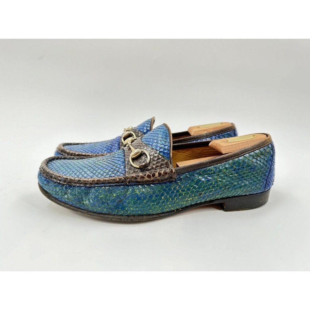 Gucci Blue Green Snakeskin Horsebit Loafers